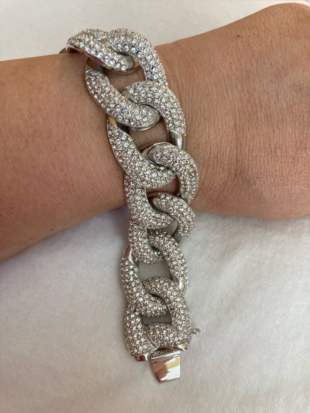 Chunky Silver Tone Chain Link Bracelet with Clear Stones Safety Chain